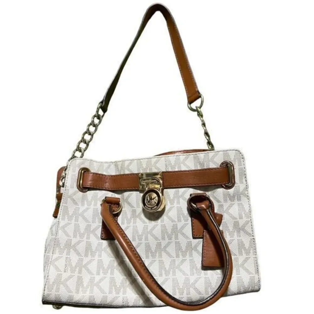 Michael Kors Hamilton Logo Shoulder Tote Vanilla Brown/White‎ - Picture 2 of 7